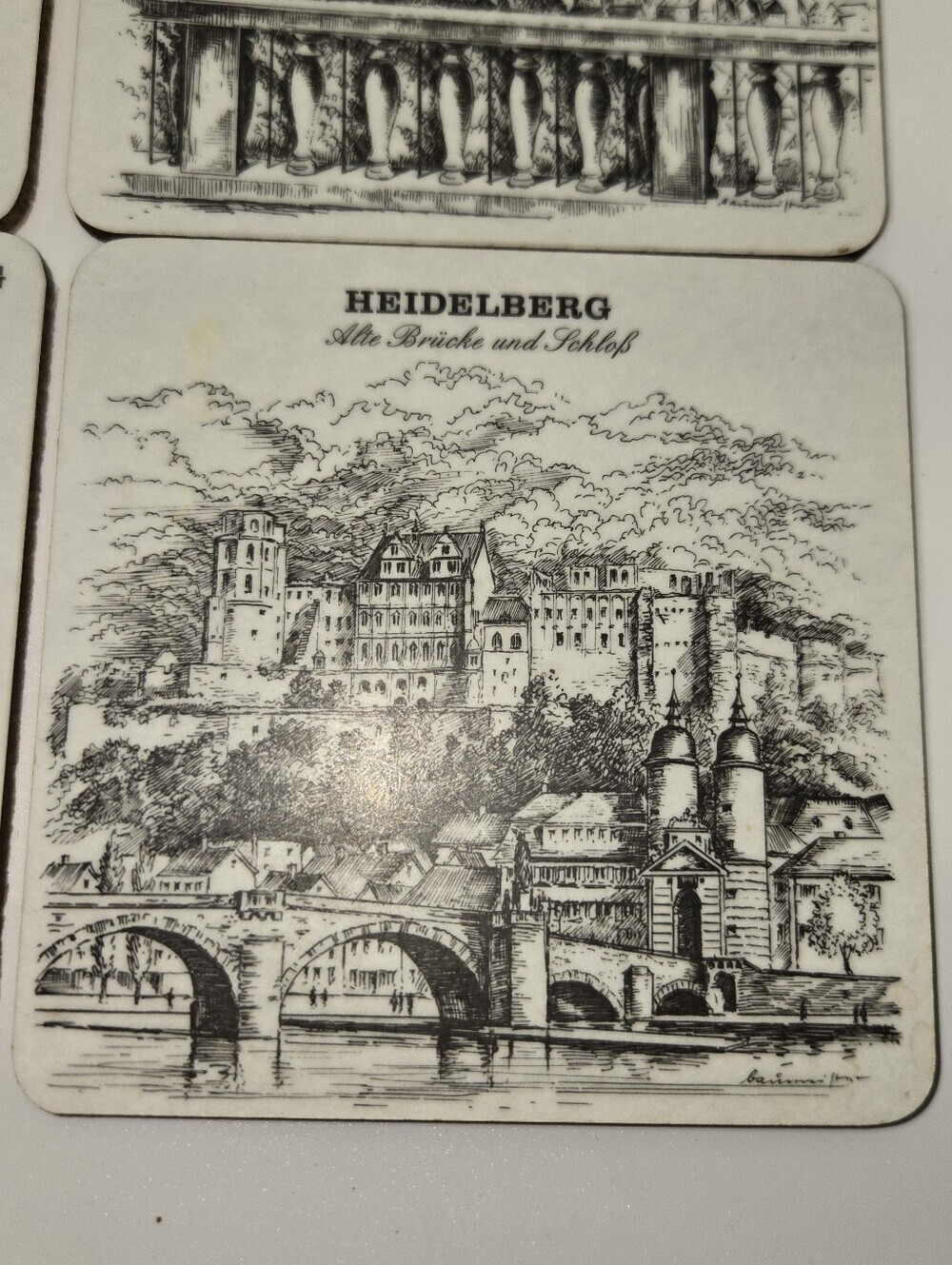 Vintage Heidelberg Germany Historic Scene Cork Back Coasters In Black & White - Picture 5 of 7